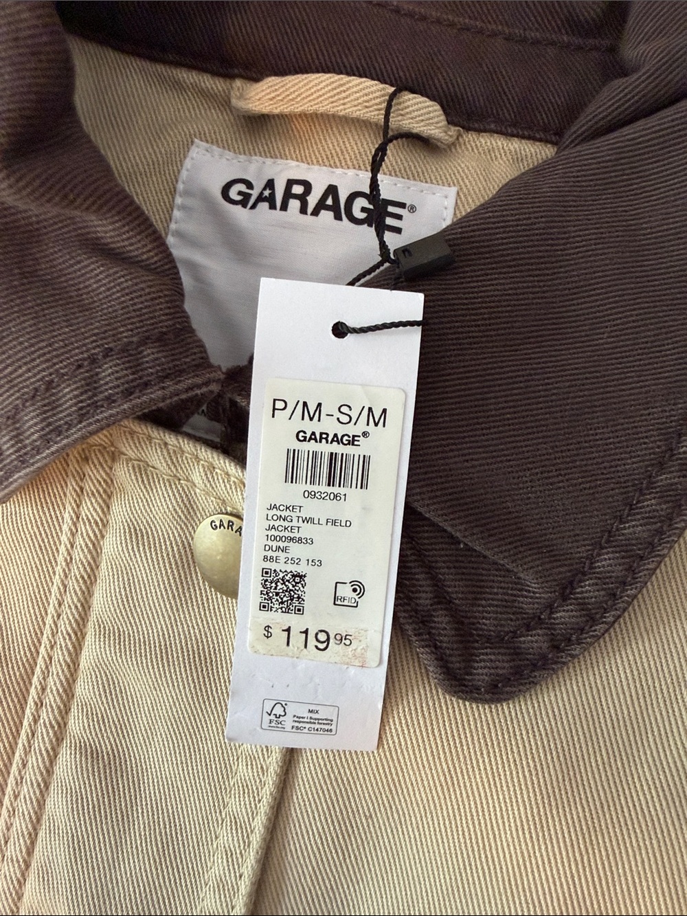 NWT Garage Khaki Jacket with Dark Brown Collar - S/M - Picture 2 of 6